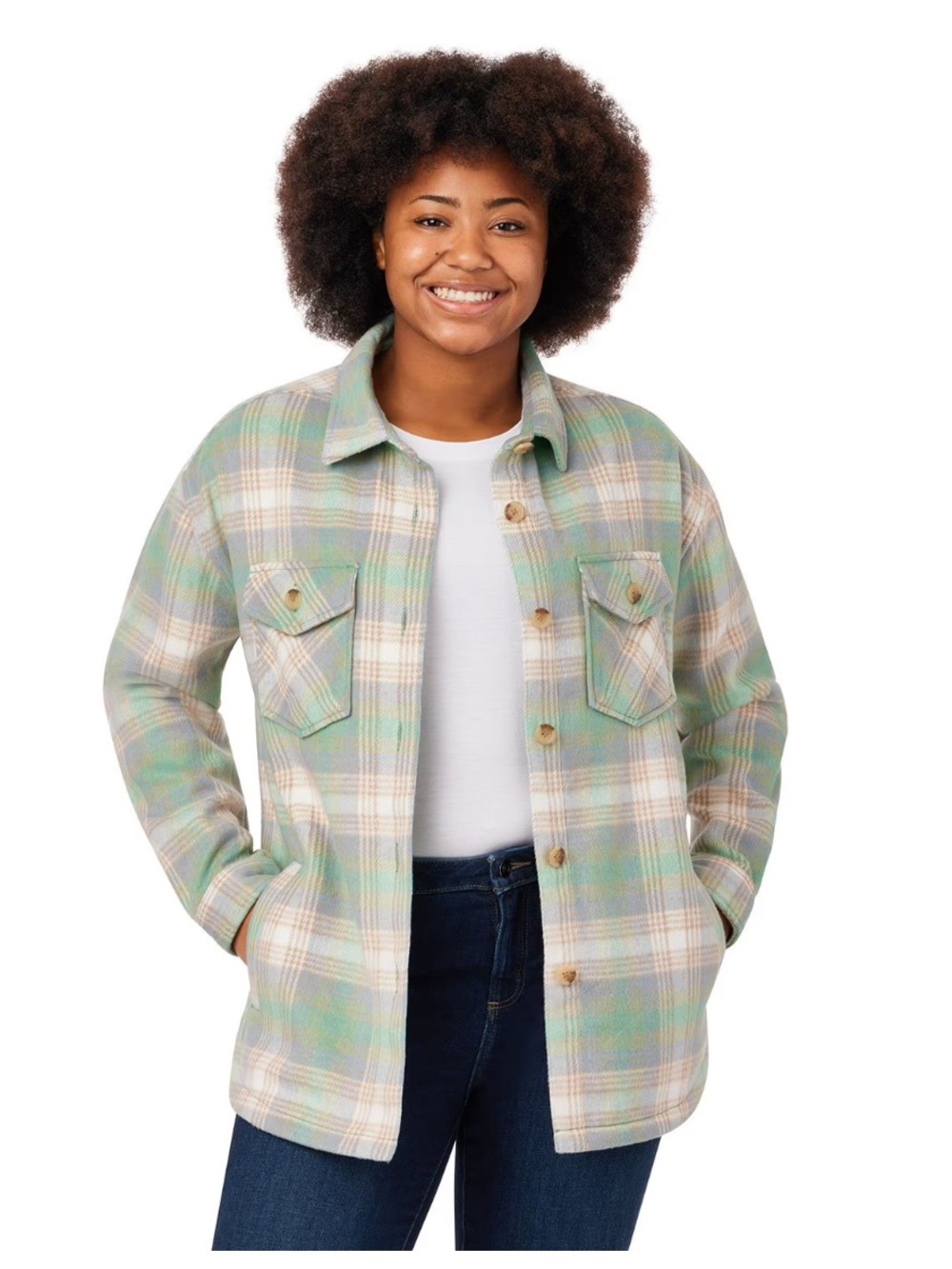 Long Slv Blutton Shirt Jacket Shacket Green Plaid Women's Sz XL NWT